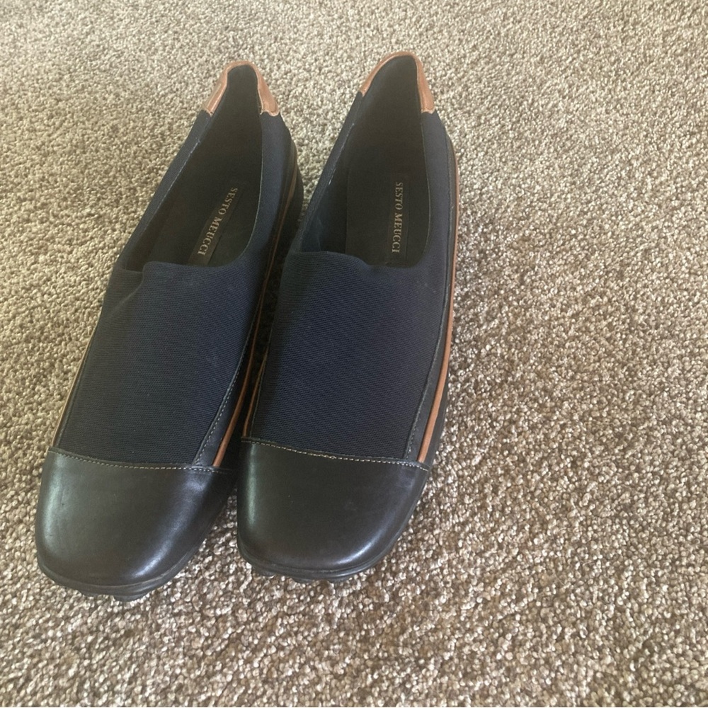 Sesto Meucci Women’s Shoe Leather Driving Loafers Flats 8.5M Black W Tan Accent